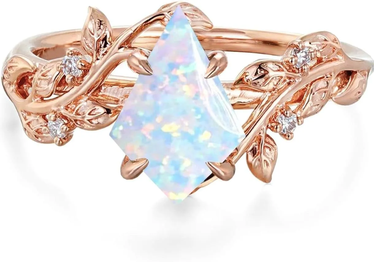 Ticon Kite shaped Opal Gemstone Ring - Vintage Engagement Ring - for Women Nature Inspired Birthstone Leaf Vine Art Deco - Wedding Promise Rings Set