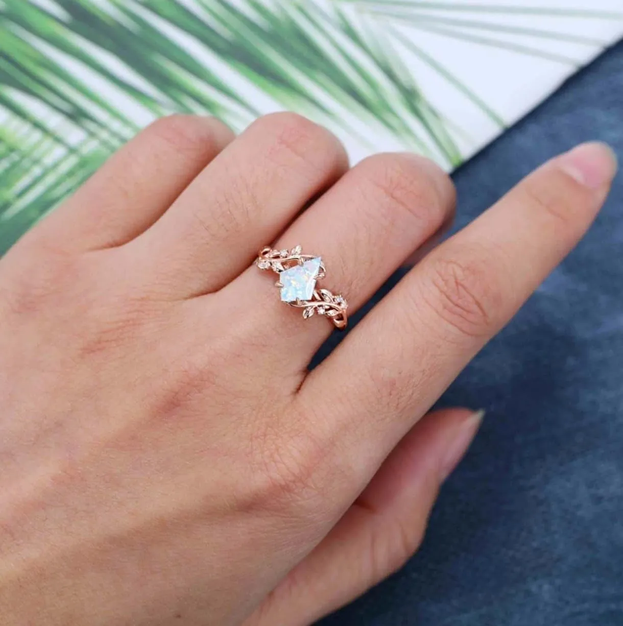 Ticon Kite shaped Opal Gemstone Ring - Vintage Engagement Ring - for Women Nature Inspired Birthstone Leaf Vine Art Deco - Wedding Promise Rings Set