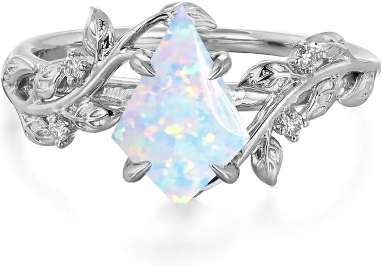 Ticon Kite shaped Opal Gemstone Ring - Vintage Engagement Ring - for Women Nature Inspired Birthstone Leaf Vine Art Deco - Wedding Promise Rings Set