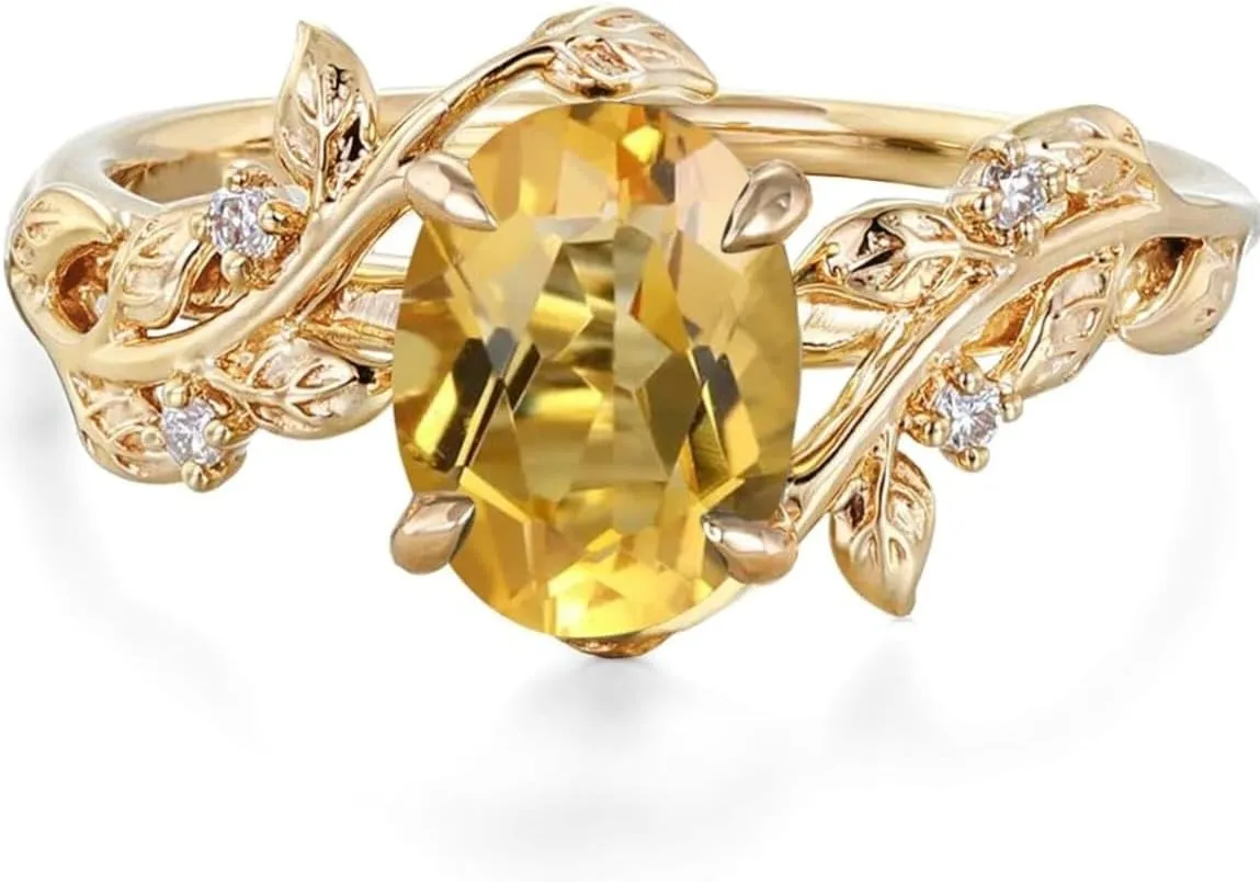 Ticon Oval Gemstone Vintage Engagement Ring for Women Nature Inspired Birthstone Leaf Vine Art Deco Wedding Promise Anniversary Rings for Her Wife Bridal
