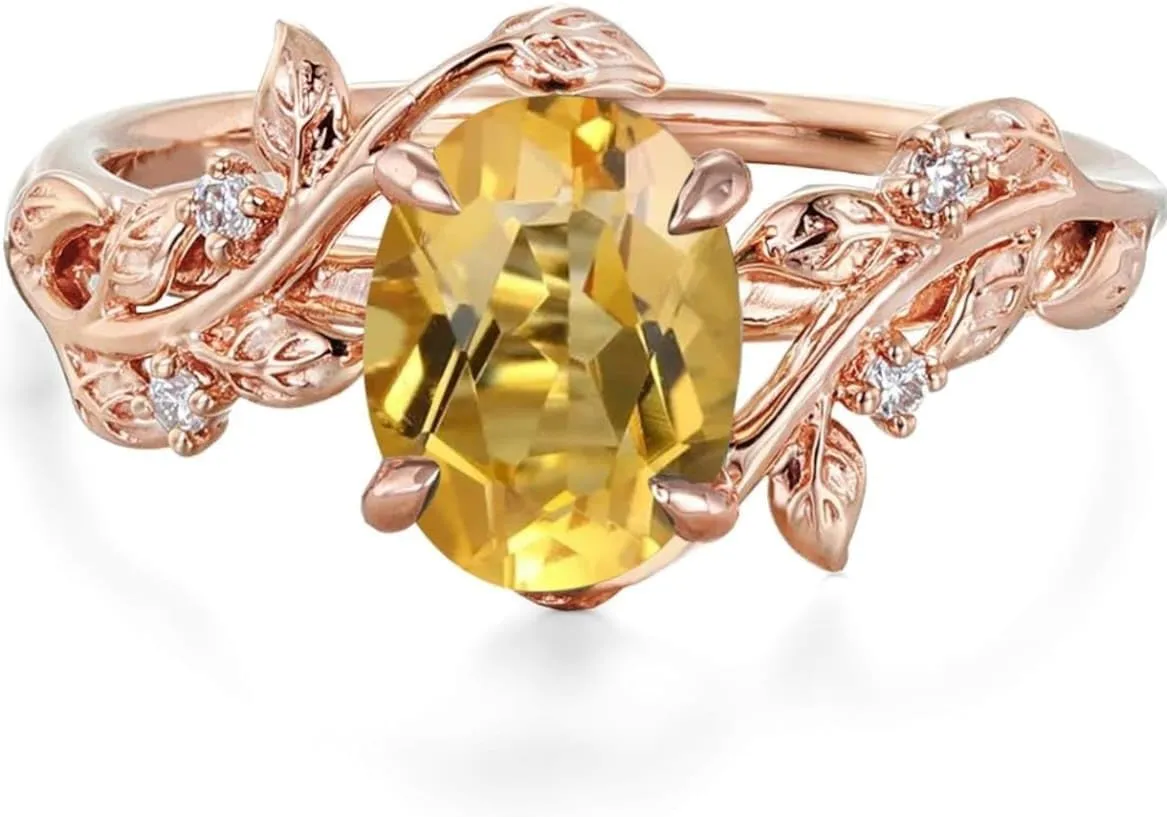 Ticon Oval Gemstone Vintage Engagement Ring for Women Nature Inspired Birthstone Leaf Vine Art Deco Wedding Promise Anniversary Rings for Her Wife Bridal