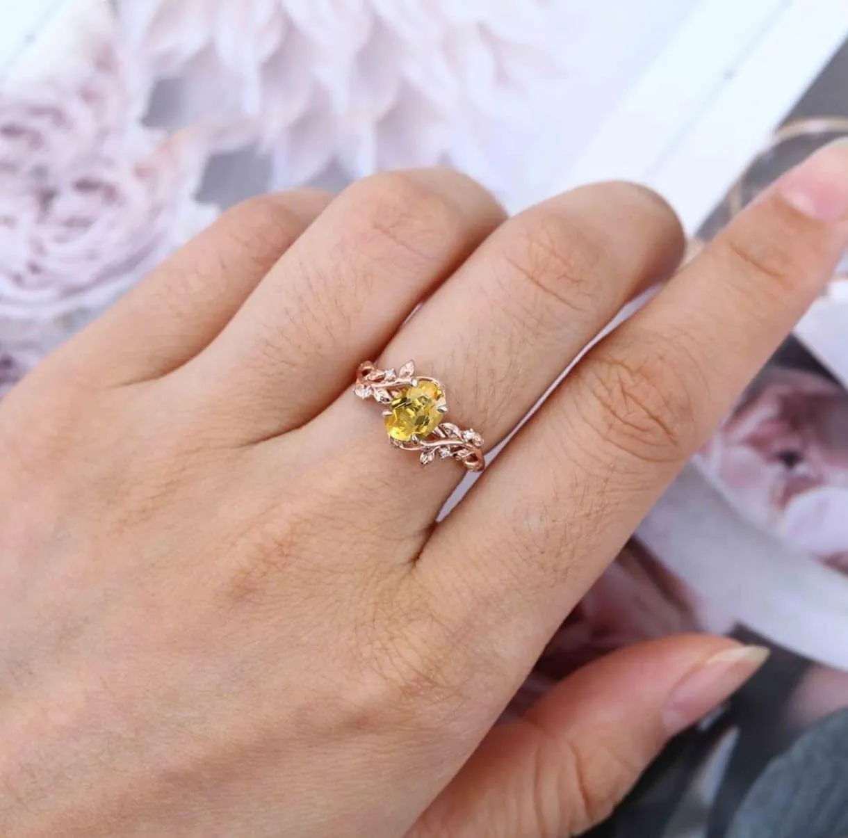 Ticon Oval Gemstone Vintage Engagement Ring for Women Nature Inspired Birthstone Leaf Vine Art Deco Wedding Promise Anniversary Rings for Her Wife Bridal