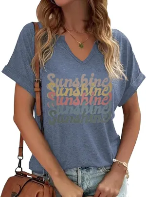 TIXOM Womens Summer V Neck Shirt Funny Letter Printed Graphic Short Sleeve Tee Casual Loose Fit Holiday Tops