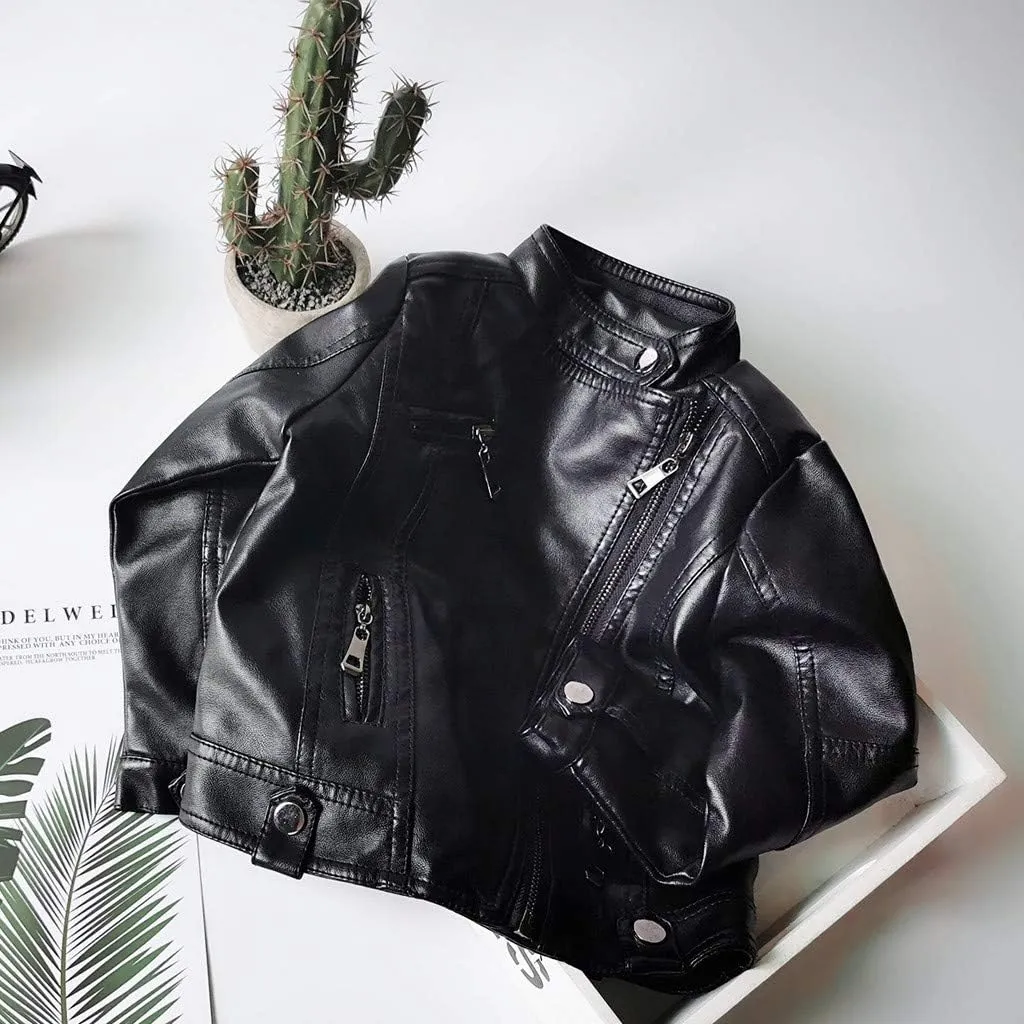 Toddler Boys Girls Motorcycle PU Faux Leather Lapel Jackets Coat Winter Outwear Zipper Turn-Down Crop Tops Outfits