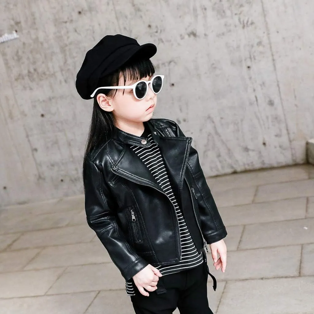 Toddler Boys Girls Motorcycle PU Faux Leather Lapel Jackets Coat Winter Outwear Zipper Turn-Down Crop Tops Outfits