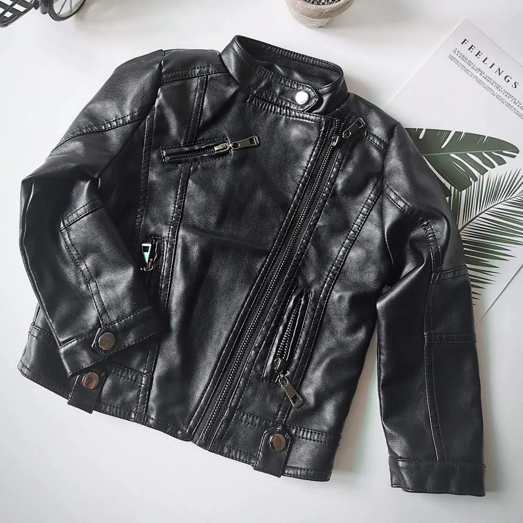 Toddler Boys Girls Motorcycle PU Faux Leather Lapel Jackets Coat Winter Outwear Zipper Turn-Down Crop Tops Outfits