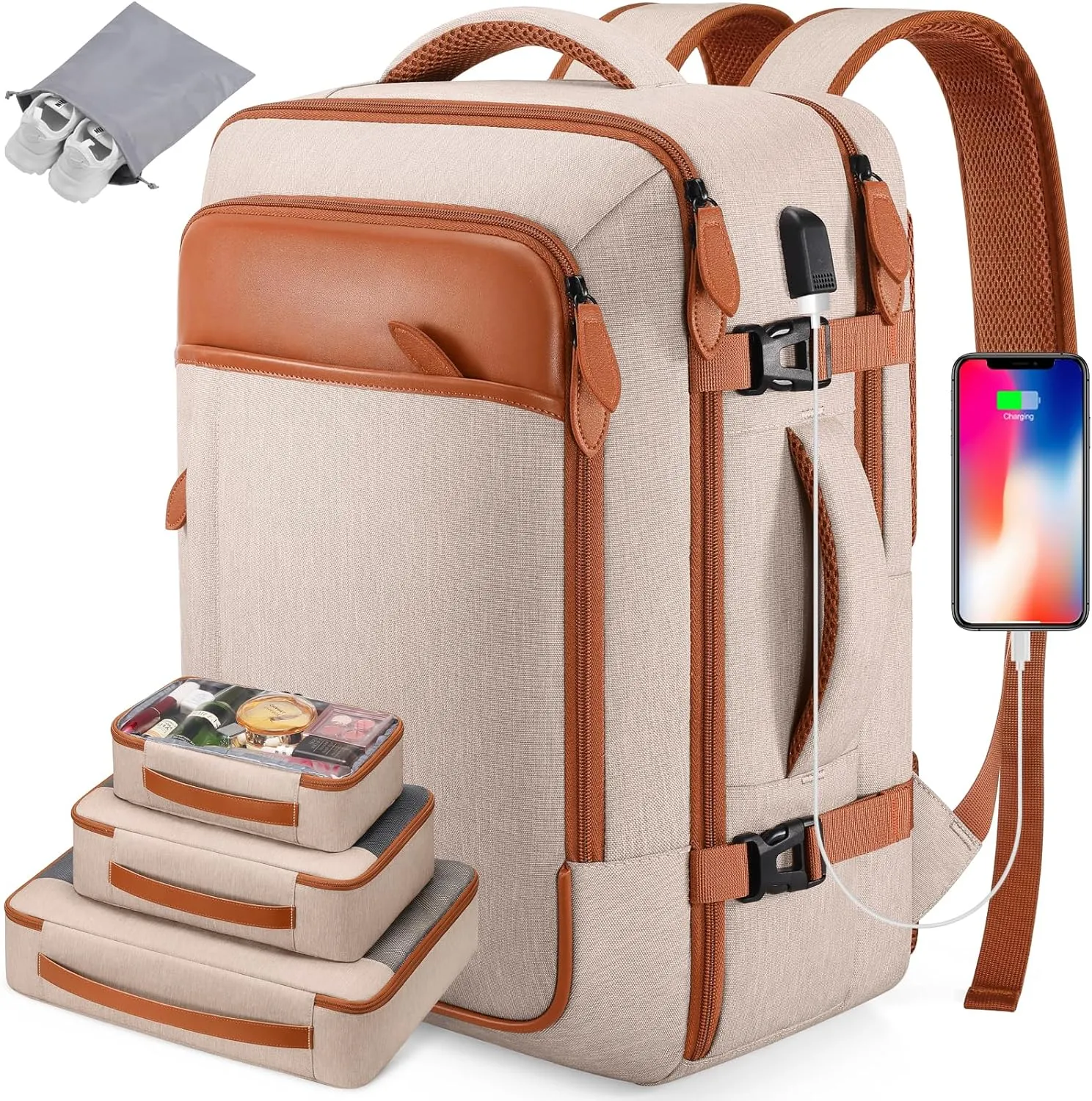 Travel Backpack, 42L Carry-on Luggage, Laptop Compartment, Waterproof with Packing Cubes, Shoe Pocket