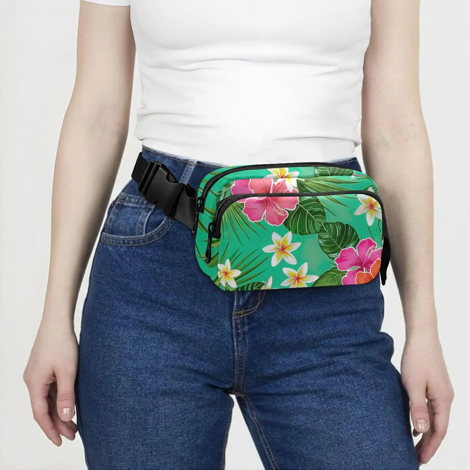 Tropical Flower Hibiscus Green Waterproof Fanny Packs Women Hip Pack Belt Pouch Fashion Travel Waist Bag