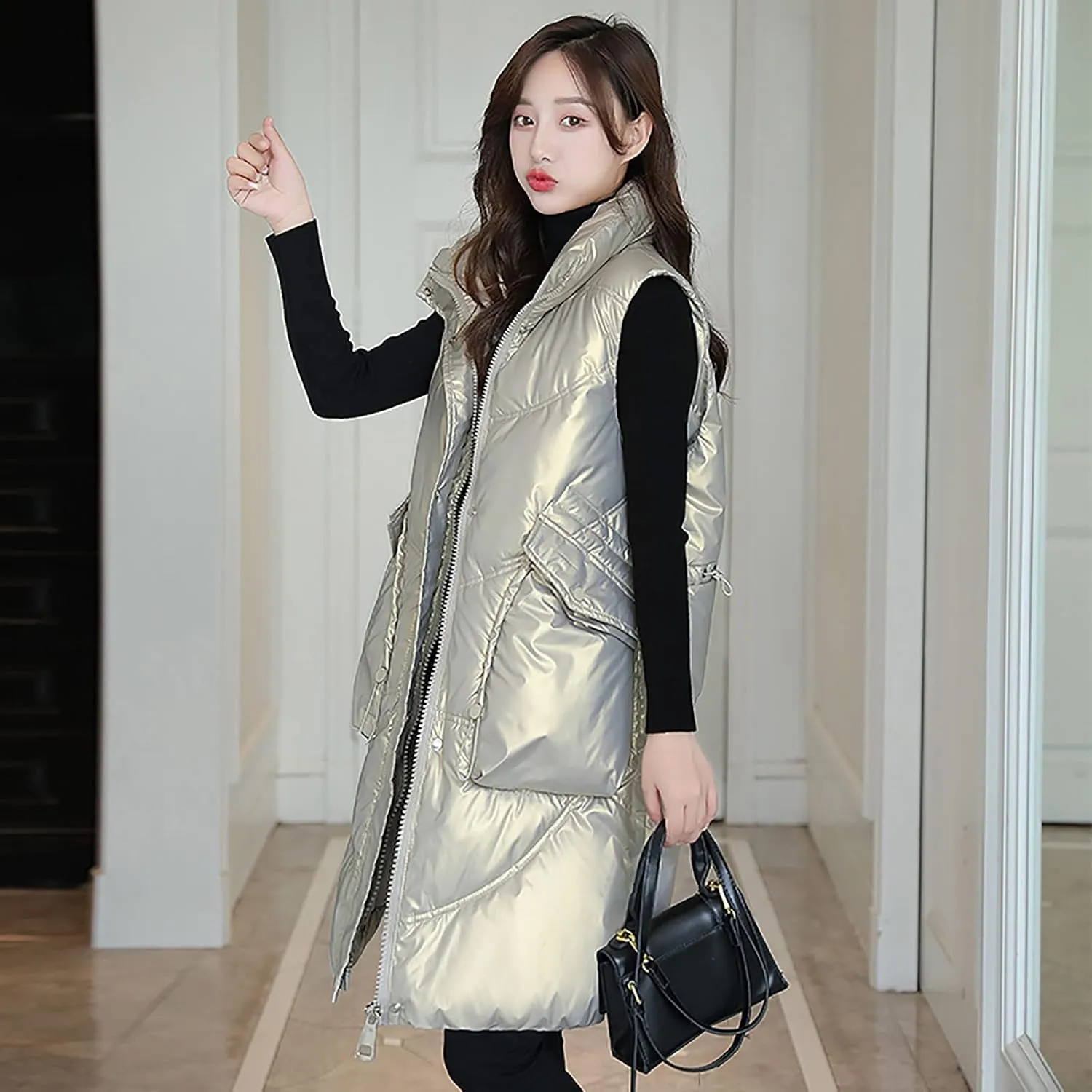 tuduoms Women Vest Warm Winter Cotton Padded Long Vest Gilet Teen Girls Hooded Lightweight Zip Quilted Puffer Vest Waistcoat