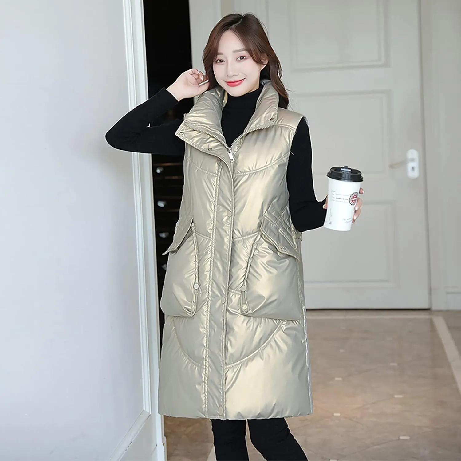 tuduoms Women Vest Warm Winter Cotton Padded Long Vest Gilet Teen Girls Hooded Lightweight Zip Quilted Puffer Vest Waistcoat