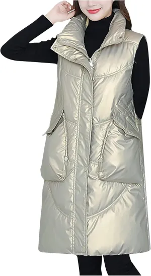 tuduoms Women Vest Warm Winter Cotton Padded Long Vest Gilet Teen Girls Hooded Lightweight Zip Quilted Puffer Vest Waistcoat