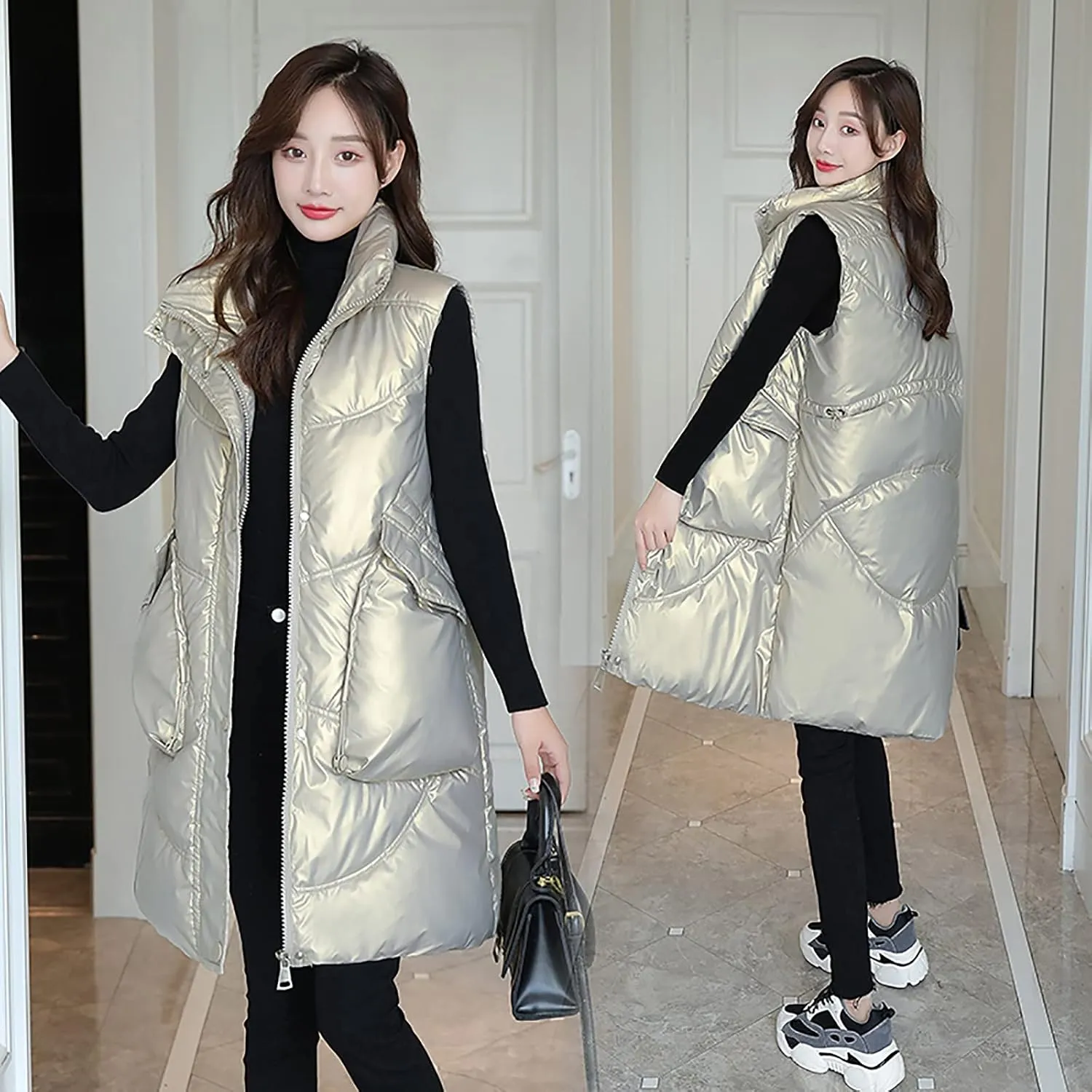 tuduoms Women Vest Warm Winter Cotton Padded Long Vest Gilet Teen Girls Hooded Lightweight Zip Quilted Puffer Vest Waistcoat