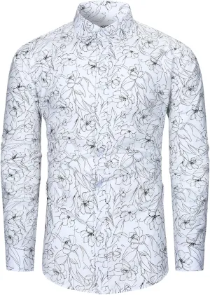 TUNEVUSE Men Floral Dress Shirts Long Sleeve Casual Button Down Flower Printed Shirts 100% Cotton
