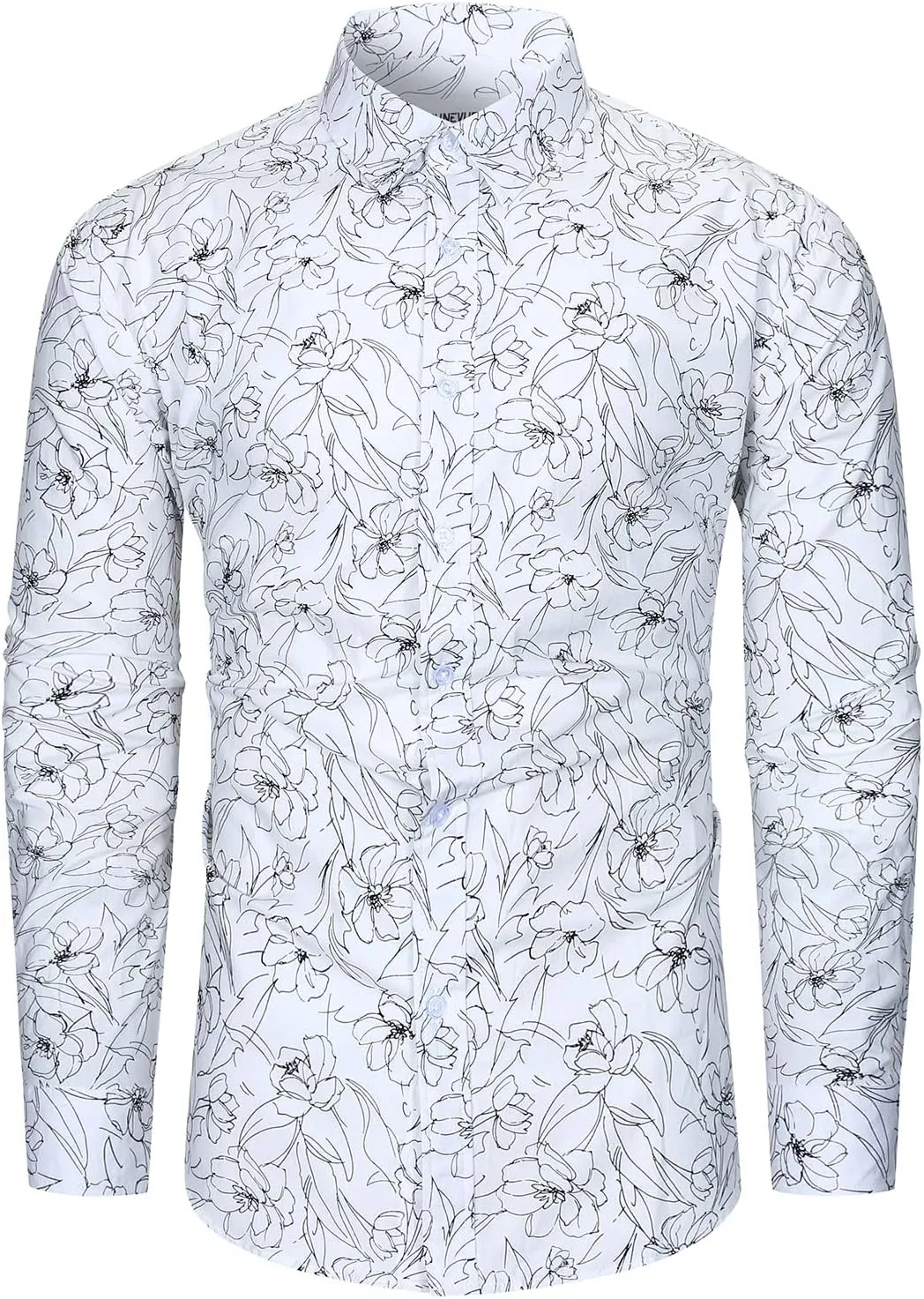 TUNEVUSE Men Floral Dress Shirts Long Sleeve Casual Button Down Flower Printed Shirts 100% Cotton