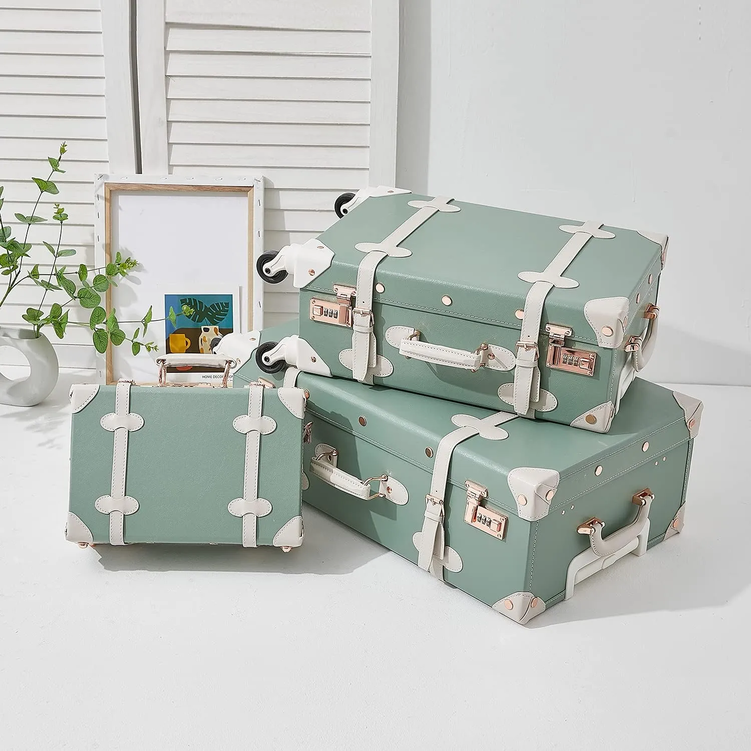 Unitravel 3 Piece Vintage Combination Suitcase Set, Hard Shell Retro Travel Trunk Luggage with Train Bag for Women (Matcha Green, 26" 20" 12")