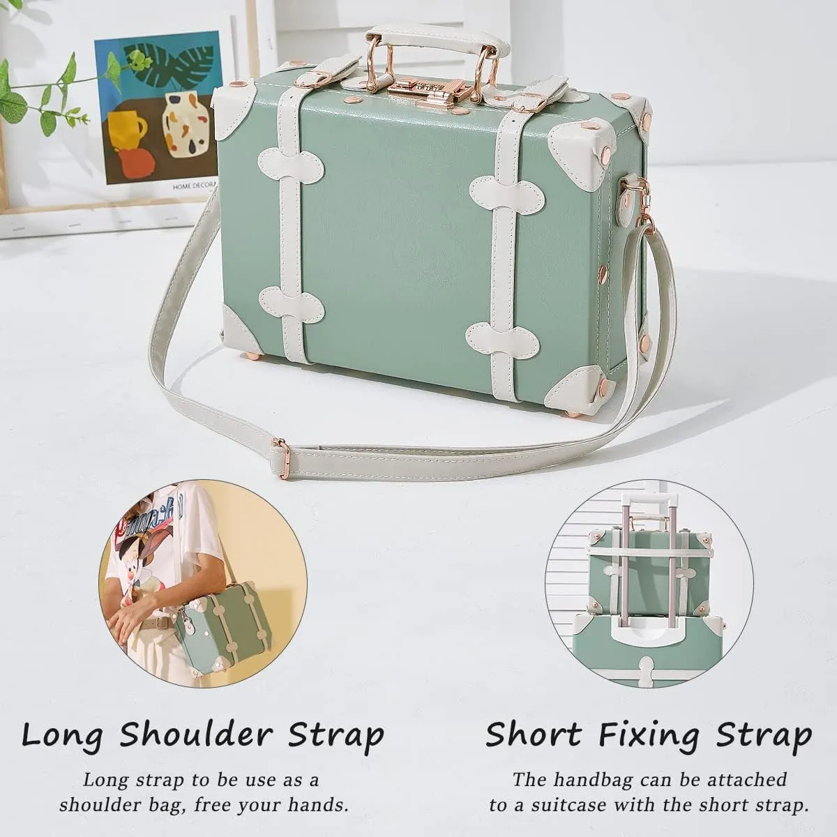 Unitravel 3 Piece Vintage Combination Suitcase Set, Hard Shell Retro Travel Trunk Luggage with Train Bag for Women (Matcha Green, 26" 20" 12")