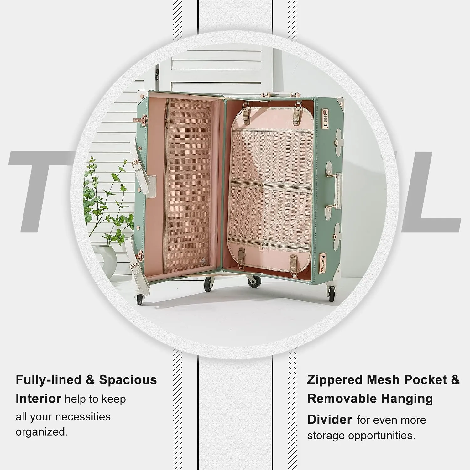 Unitravel 3 Piece Vintage Combination Suitcase Set, Hard Shell Retro Travel Trunk Luggage with Train Bag for Women (Matcha Green, 26" 20" 12")