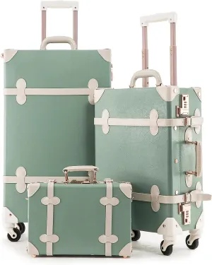 Unitravel 3 Piece Vintage Combination Suitcase Set, Hard Shell Retro Travel Trunk Luggage with Train Bag for Women (Matcha Green, 26" 20" 12")