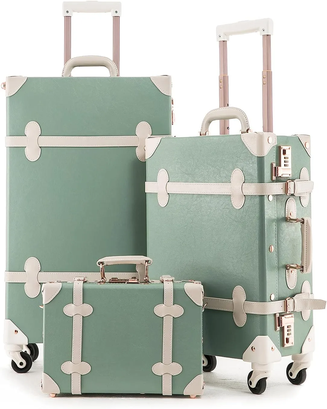 Unitravel 3 Piece Vintage Combination Suitcase Set, Hard Shell Retro Travel Trunk Luggage with Train Bag for Women (Matcha Green, 26" 20" 12")