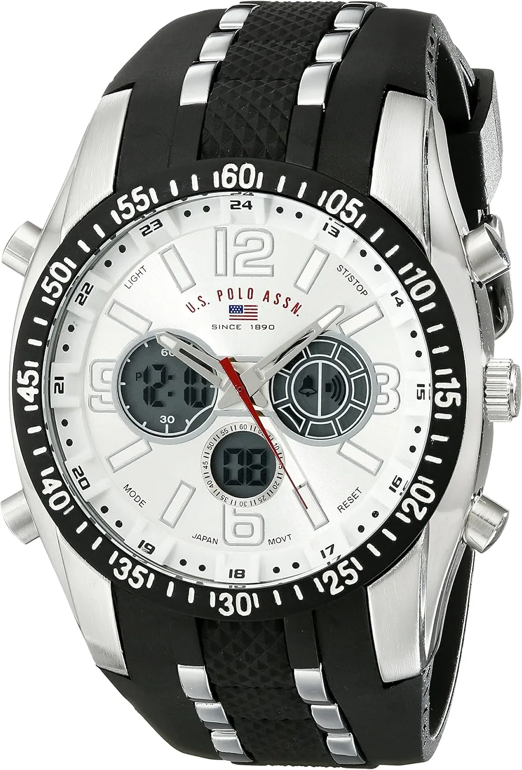 U.S. Polo Assn. Men's Sport Watch with Analog-Digital Display, Timer Alarm Day Date Backlight, Black Silicone Strap, 45mm Case, Fits Wrists 6.5" to 8.5"