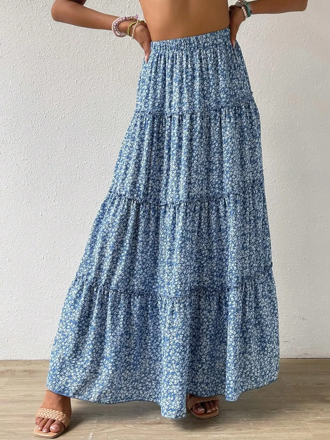 Verdusa Women's Floral Print Elastic High Waist Pleated Ruffle Flowy Long Skirts