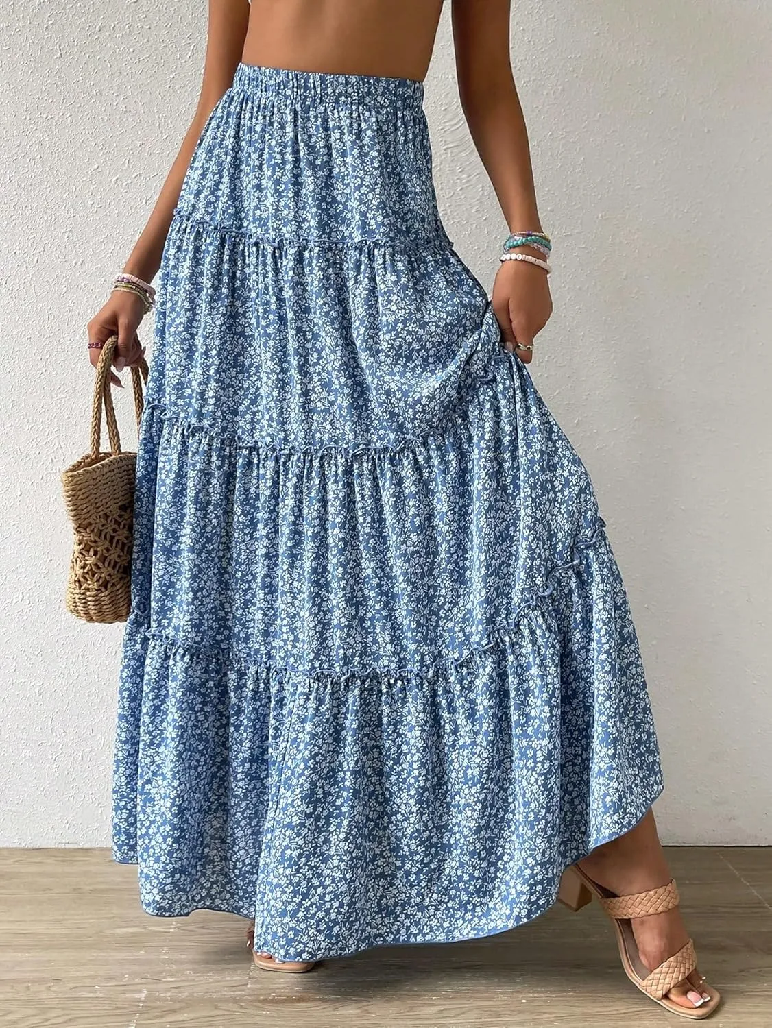 Verdusa Women's Floral Print Elastic High Waist Pleated Ruffle Flowy Long Skirts