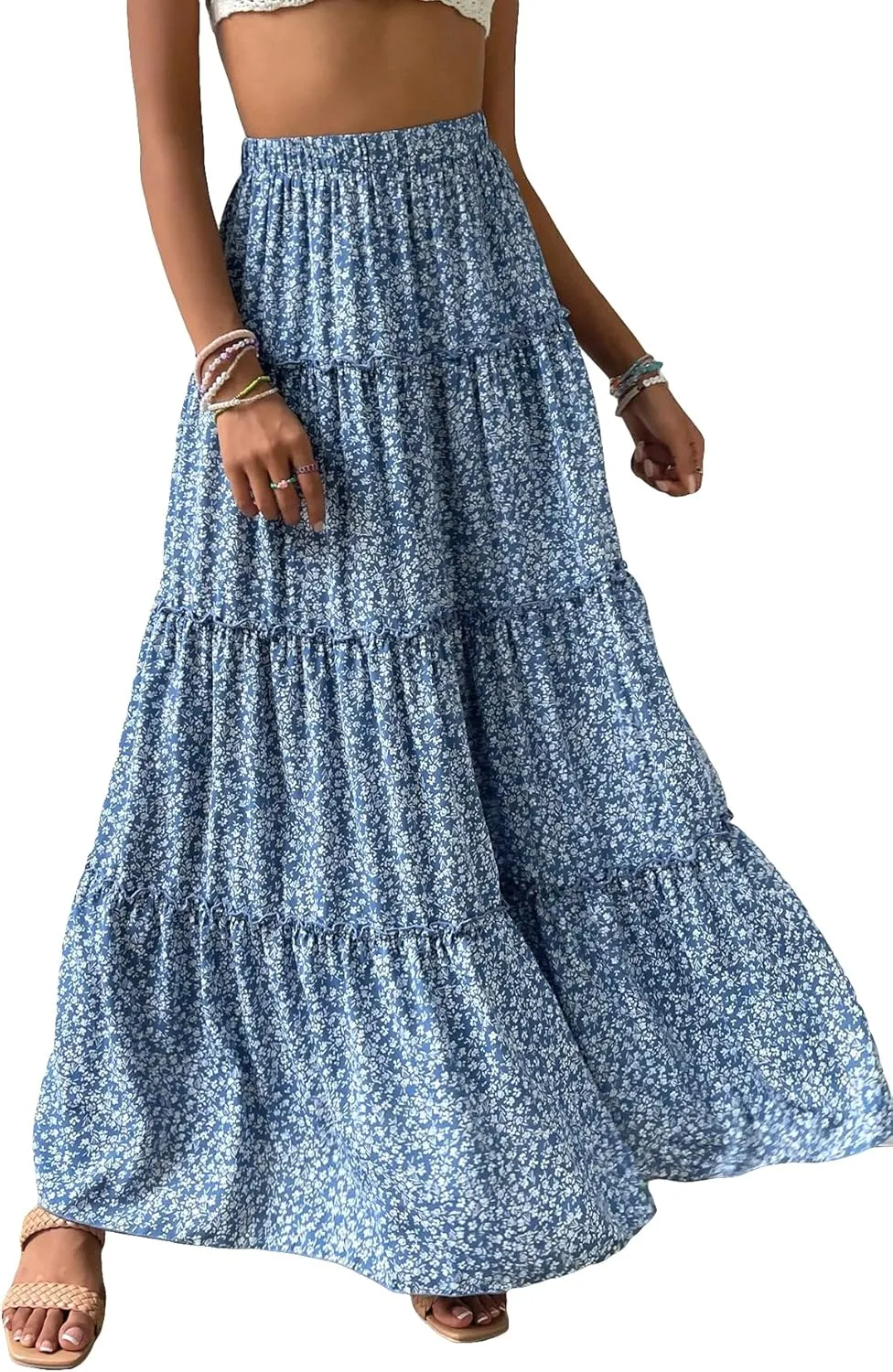Verdusa Women's Floral Print Elastic High Waist Pleated Ruffle Flowy Long Skirts