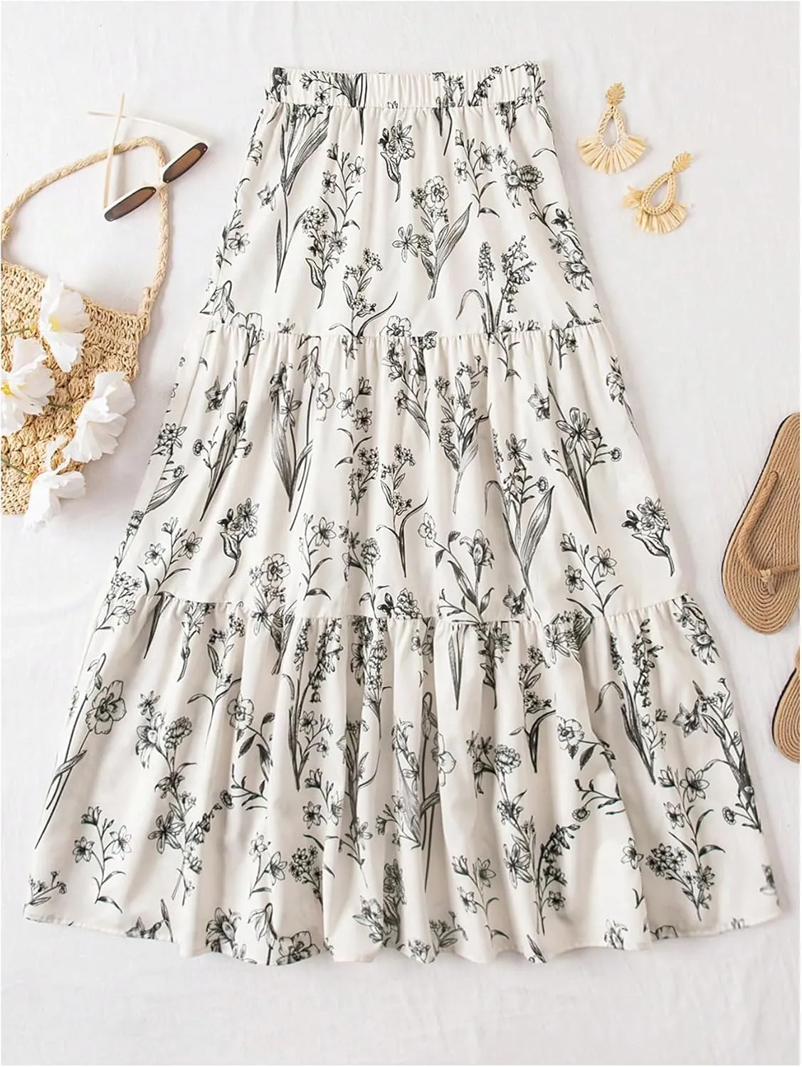 Verdusa Women's Floral Print Elastic High Waist Pleated Ruffle Flowy Long Skirts