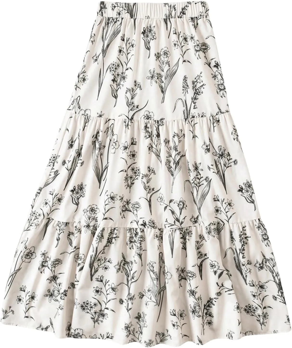 Verdusa Women's Floral Print Elastic High Waist Pleated Ruffle Flowy Long Skirts