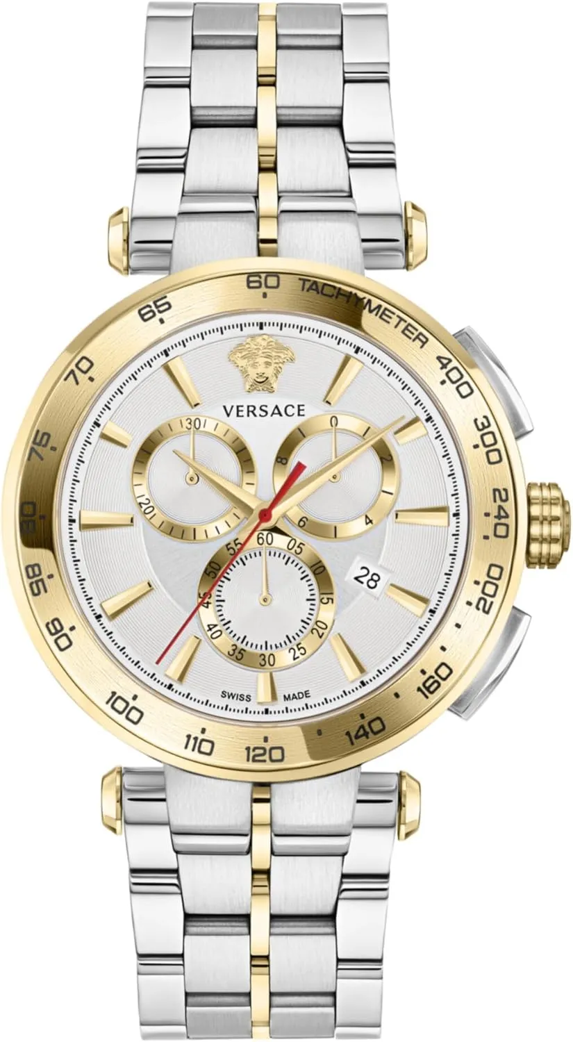 Versace Aion Chrono Collection Luxury Mens Watch Timepieces with a Two Tone Bracelet and Case Featuring a Silver Dial