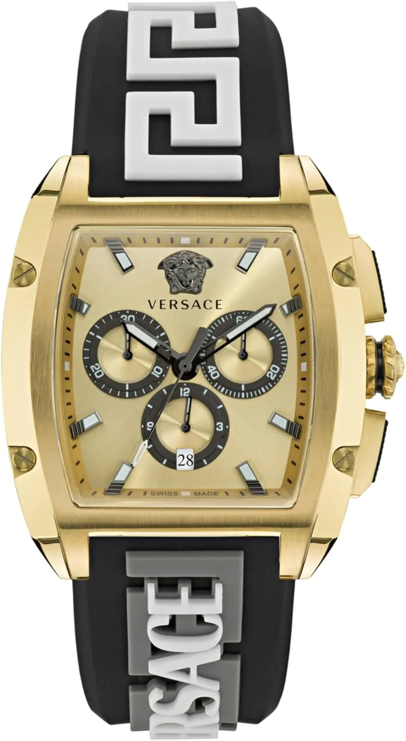 Versace Dominus Collection Luxury Mens Watch Timepieces with a Black Strap Featuring a Gold Case and Dial
