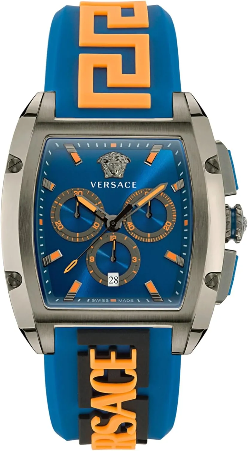 Versace Dominus Collection Luxury Mens Watch Timepieces with a Blue Strap and Dial Featuring a IP Gunmetal Case