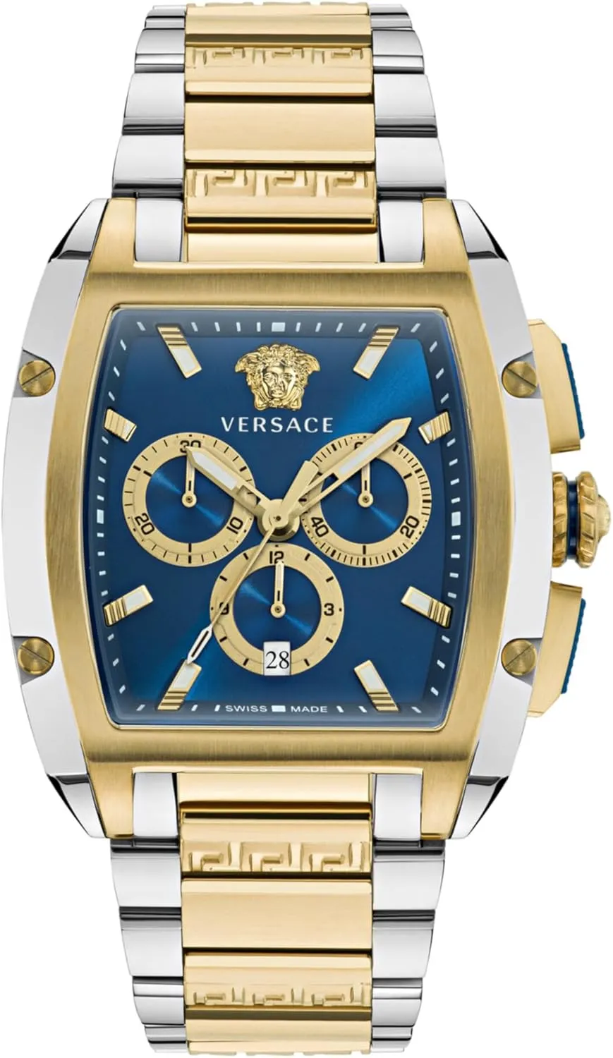 Versace Dominus Collection Luxury Mens Watch Timepieces with a Two Tone Bracelet and Case Featuring a Blue Dial