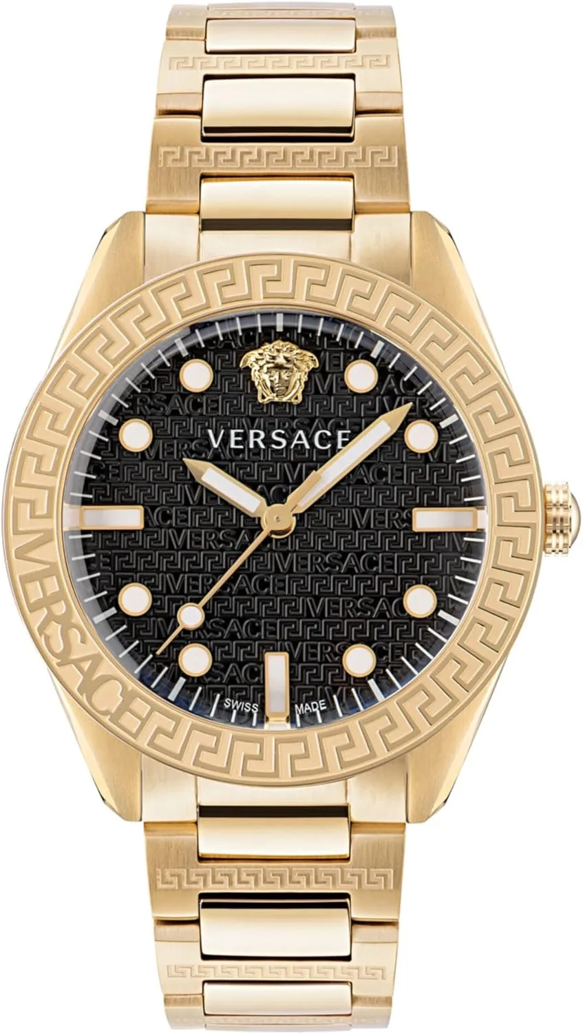 Versace Greca Dome Collection Luxury Mens Watch Timepieces with a Gold Bracelet and Case Featuring a Black Dial