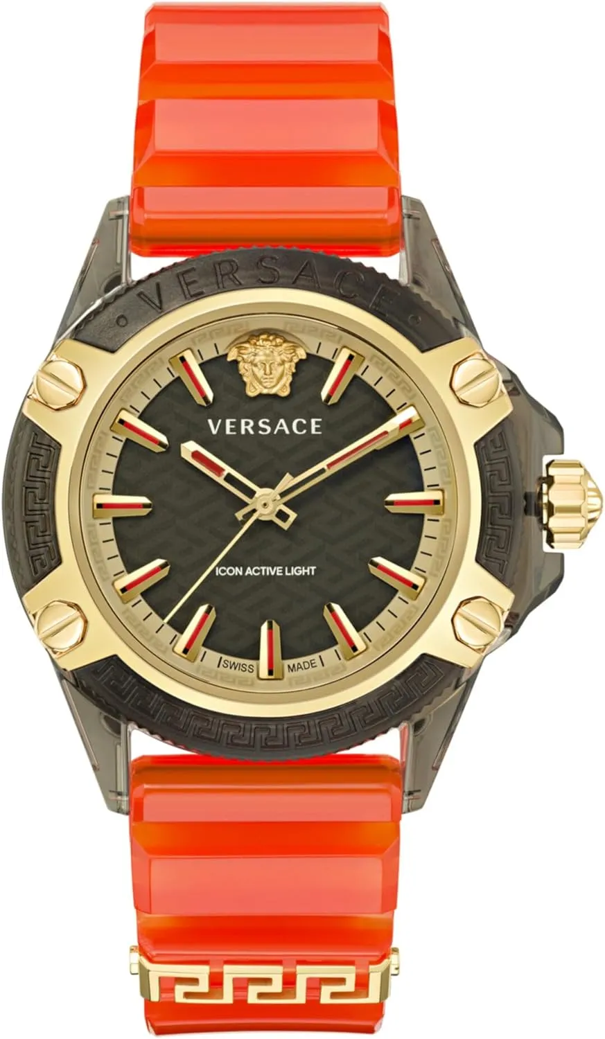 Versace Icon Active Collection Luxury Mens Watch Timepieces with a Orange Strap Featuring a Transparent Black Case and a Black Dial