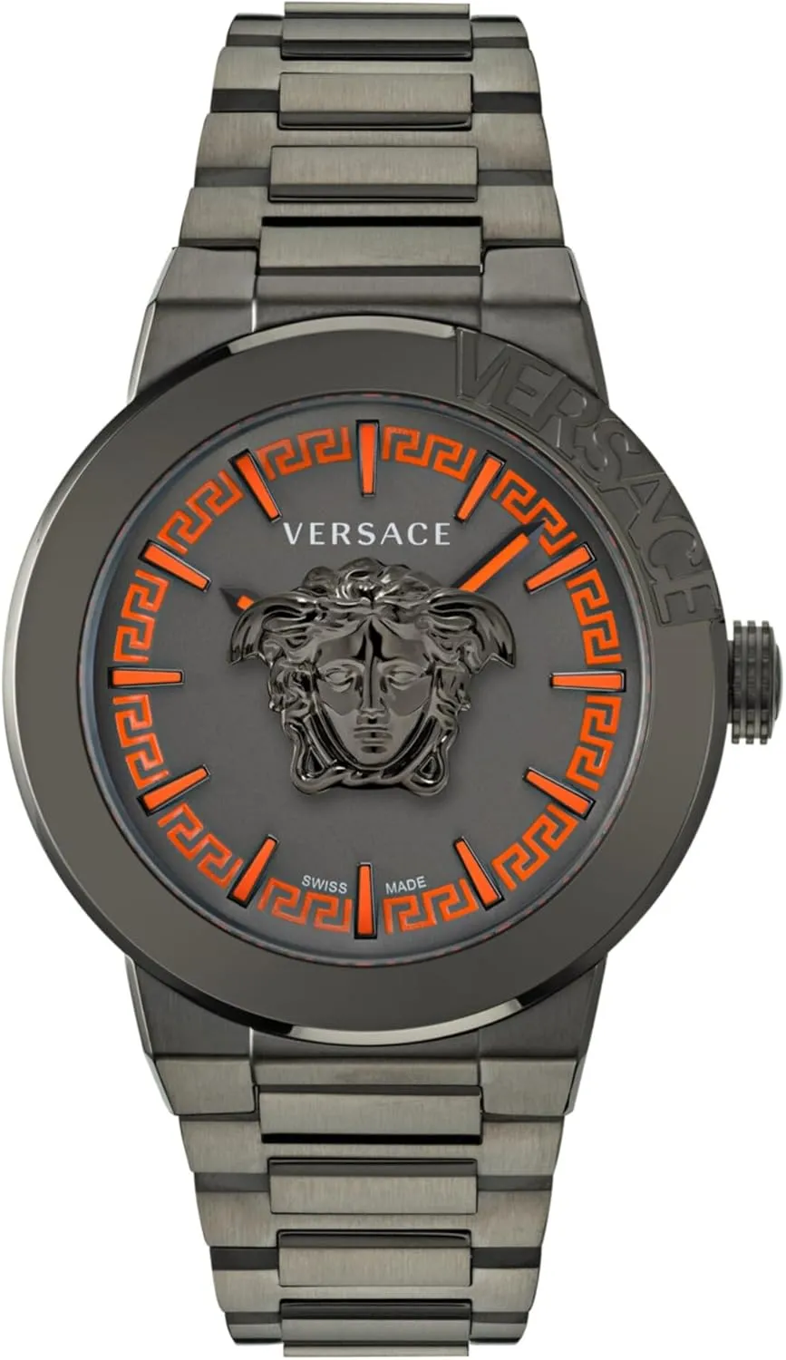 Versace Medusa Infinite Collection Luxury Mens Watch Timepieces with a Grey Bracelet Featuring a Gun Case and a Black Dial