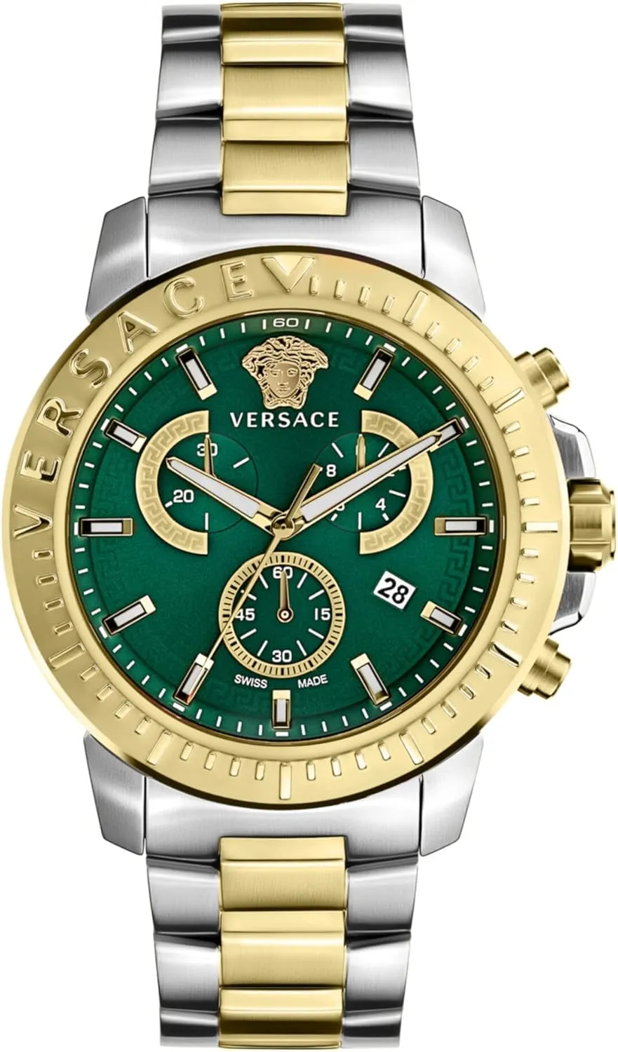 Versace New Chrono Collection Luxury Mens Watch Timepieces with a Two Tone Bracelet and Case Featuring a Green Dial
