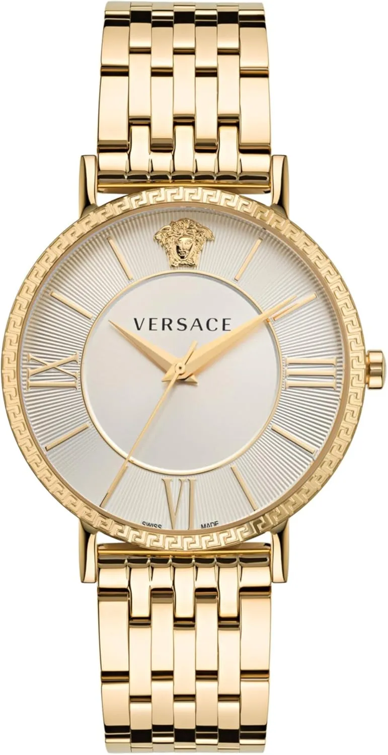 Versace V-Eternal Collection Luxury Mens Watch Timepieces with a Gold Bracelet and Case Featuring a Silver Dial