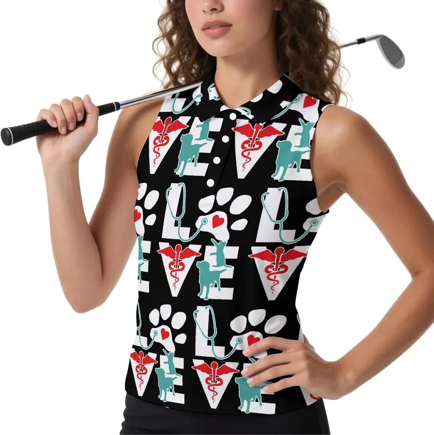 Veterinarian Love Cat and Dog Veterinary Women's Sleeveless Golf Polo Shirts Athletic Tank Tops