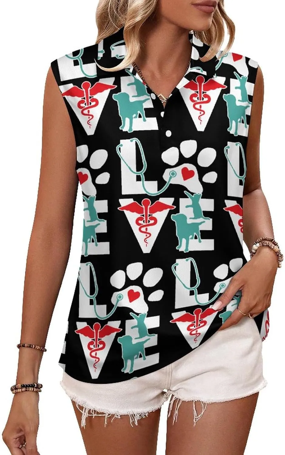 Veterinarian Love Cat and Dog Veterinary Women's Sleeveless Golf Polo Shirts Athletic Tank Tops