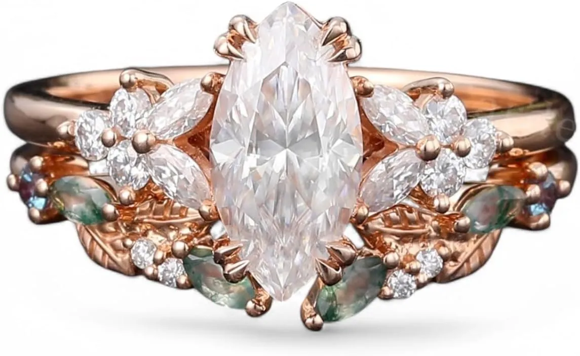 Vintage Marquise Moissanite Bridal Set Moss Agate Wedding Band, Rose Gold Leaf Cluster Shank Engagement Ring Set, Nature-Inspired Gift for Women, Bridal Jewelry