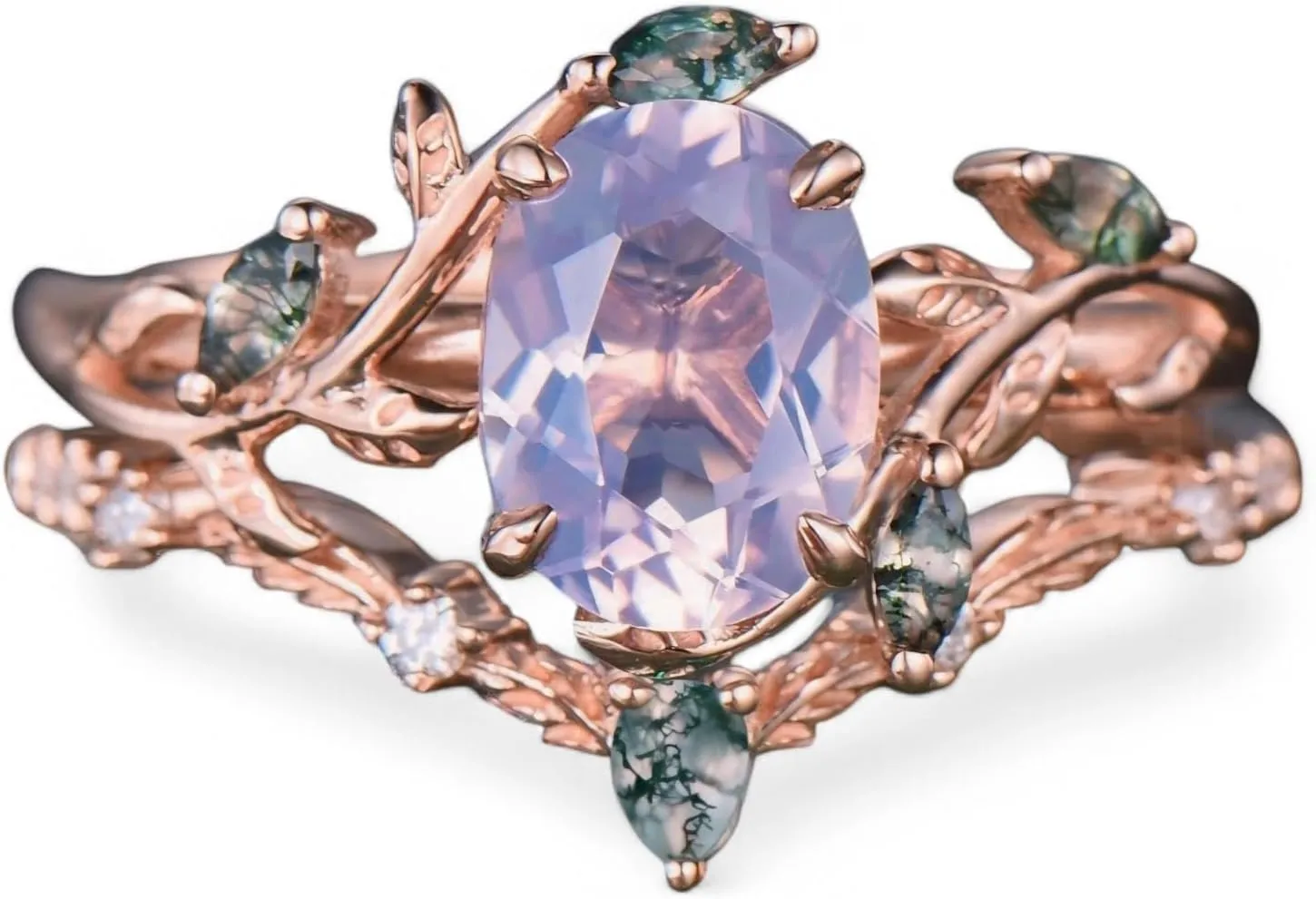 Vintage oval cut Lavender Amethyst engagement ring rose gold art deco cluster leaf nature inspired moss agate bridal wedding ring set women BY ZENITHCRAFTSS