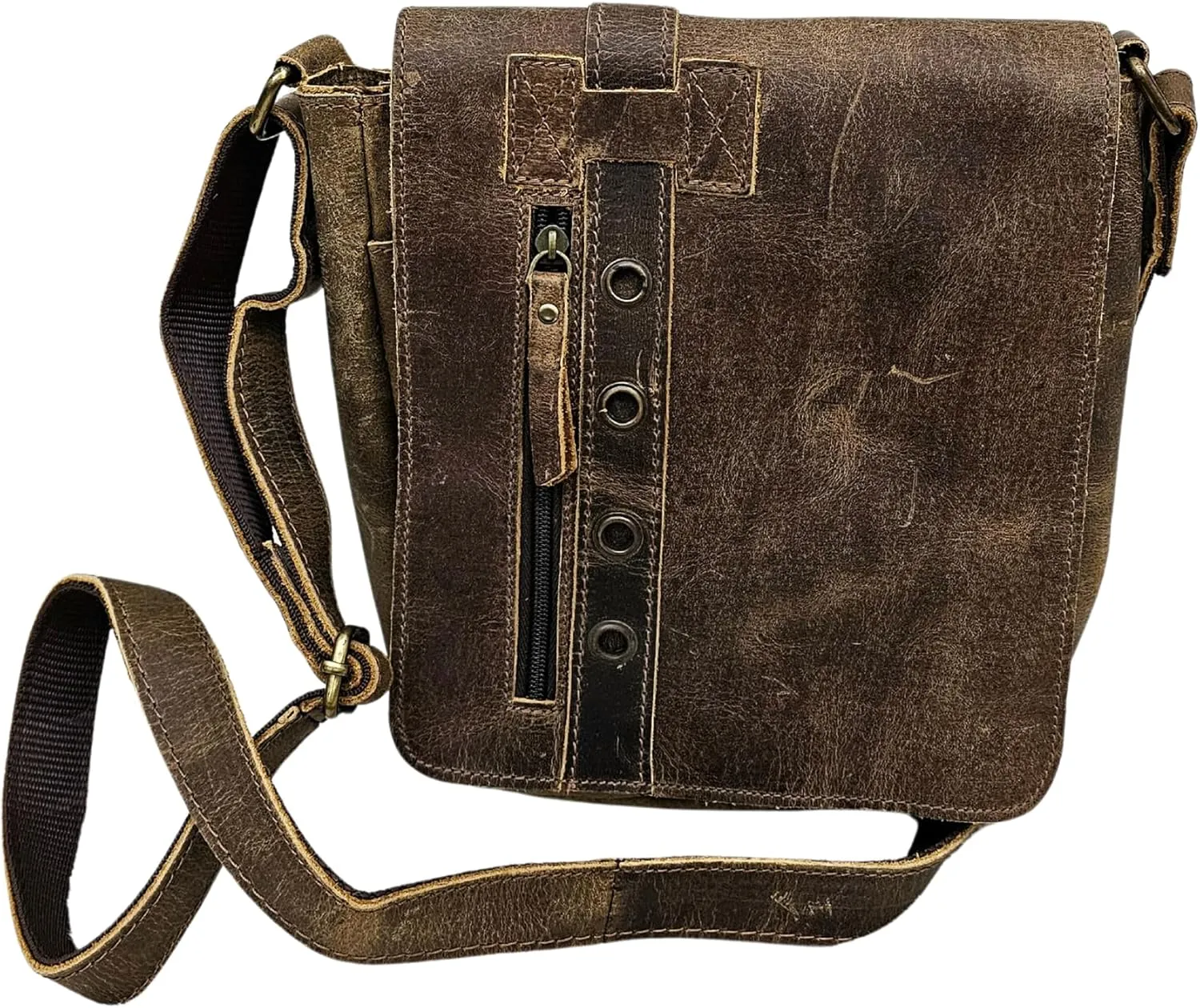 Vintage Style Leather Crossbody Messenger Bag for Men and Women, Brown Sling Satchel, Distressed Shoulder Bag, 10 x 8 x 3 Inches, Handmade