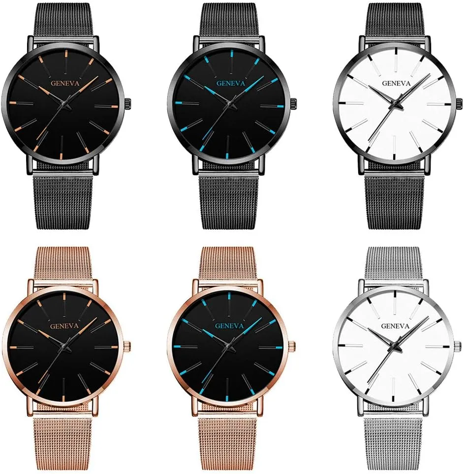 Weicam Men's Simple Mesh Strap Watch Analog Quartz Wrist Watches 6pc
