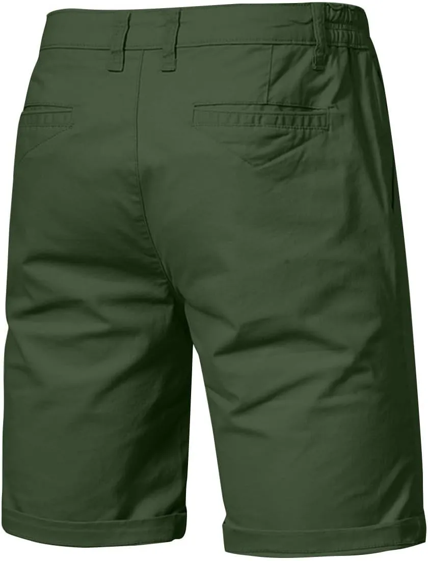 WENKOMG1 MensCotton Shorts Solid Chino Casual Knee Length Work Shorts Summer Slim Fit 10" Inseam Flat Front Shorts