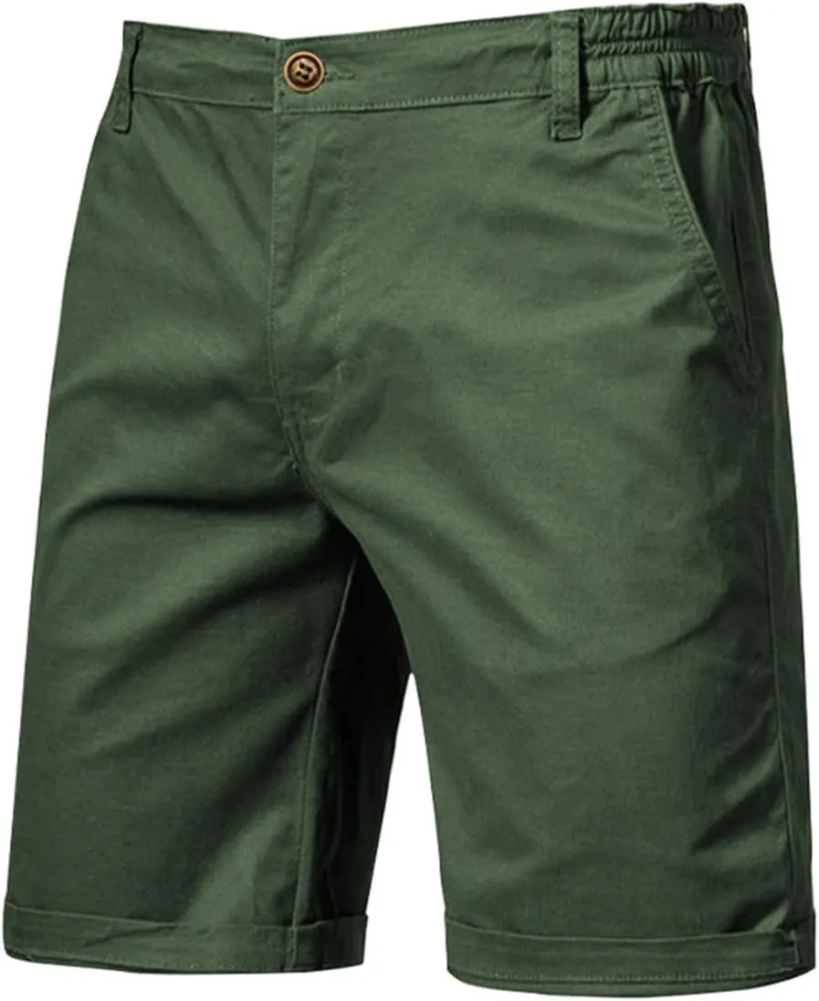 WENKOMG1 MensCotton Shorts Solid Chino Casual Knee Length Work Shorts Summer Slim Fit 10" Inseam Flat Front Shorts