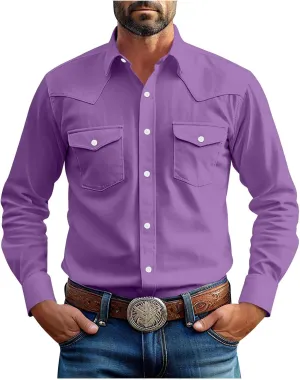 Western Cowboy Shirts for Men Pearl Snap Button Down Cotton Work Tshirt Men's Casual Shirt Jackets with Pockets