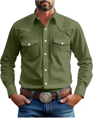 Western Cowboy Shirts for Men Pearl Snap Button Down Cotton Work Tshirt Men's Casual Shirt Jackets with Pockets