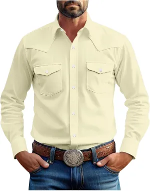 Western Cowboy Shirts for Men Pearl Snap Button Down Cotton Work Tshirt Men's Casual Shirt Jackets with Pockets