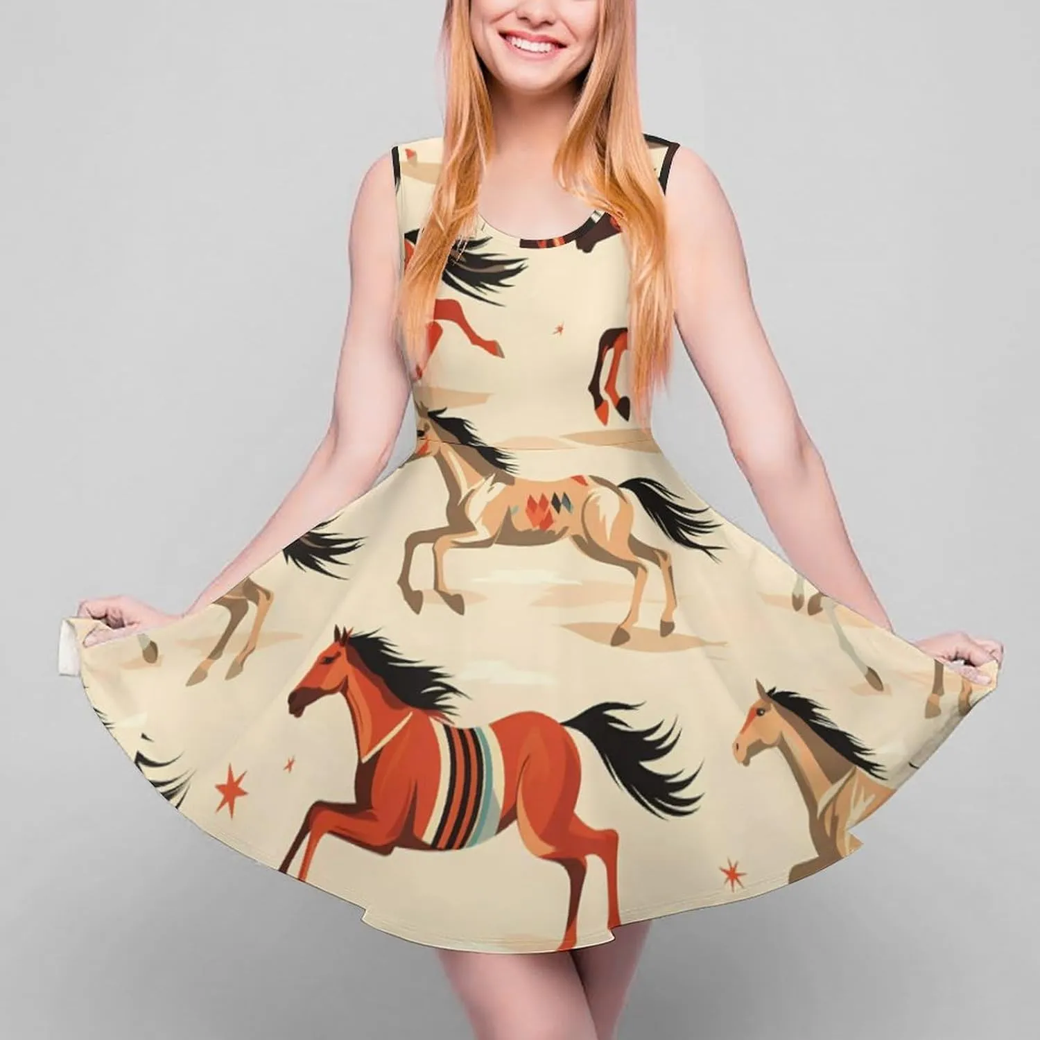 Western Horse Women's Tank Swing Dress Summer Sleeveless Dresses Casual Beach Sundress